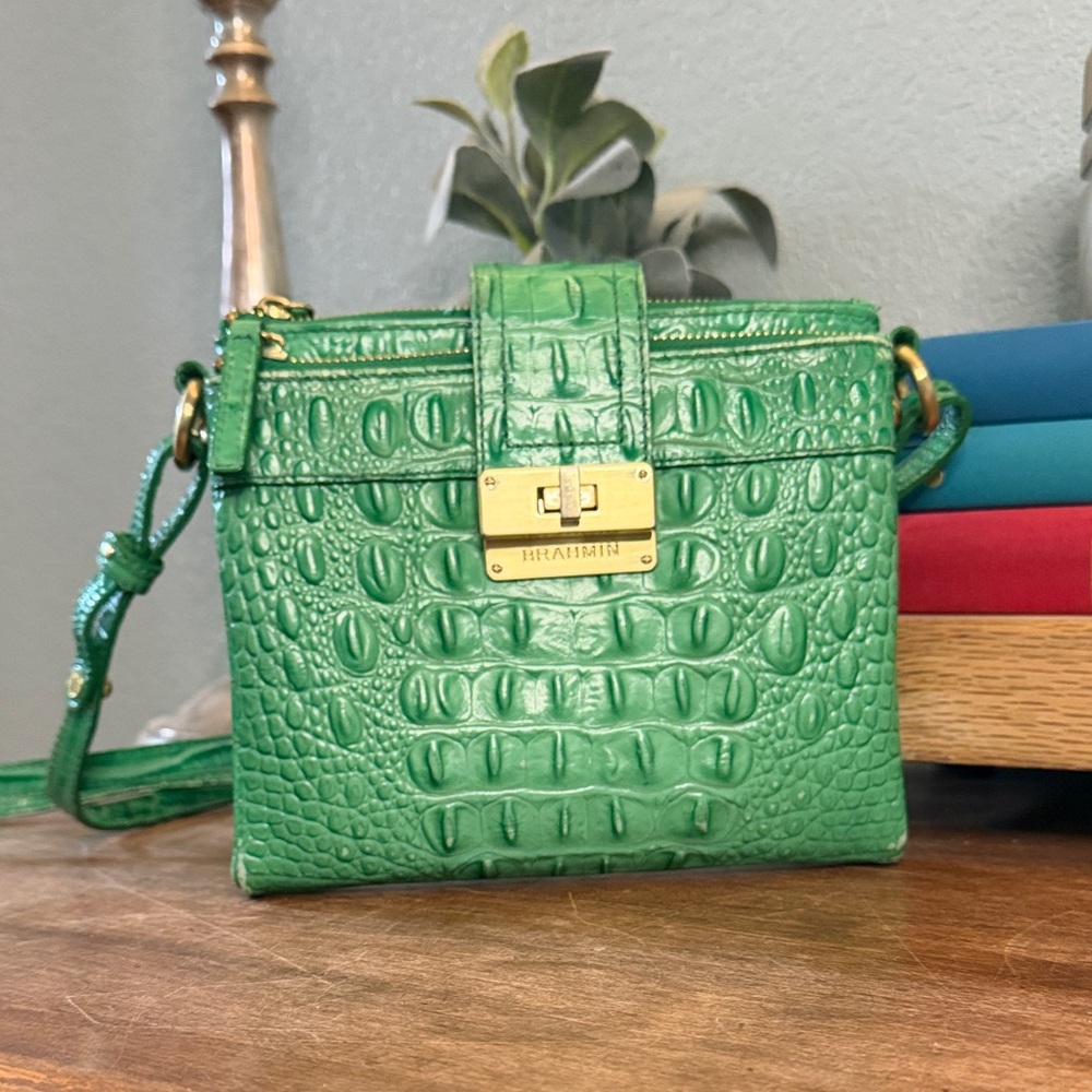 Brahmin Green Croc-Embossed Leather Crossbody Gold Turn lock